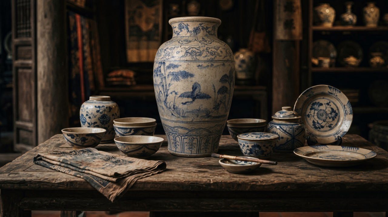 Bàn gỗ bày bình, bát, đĩa men lam
